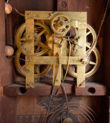Birge, Mallory and Co., Bristol, Conn., 30 hour, time and strike weight brass movement miniature triple decker shelf clock.