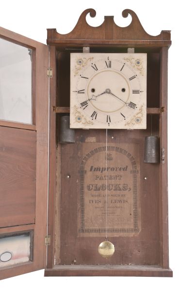 Ives & Lewis, Bristol Conn., 30 hour, time and strike weight seat board wood roller pinion movement reeded pilaster and scroll top shelf clock.