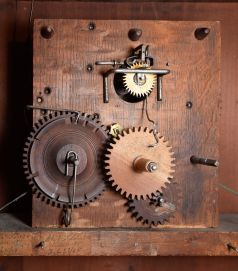 Ives & Lewis, Bristol Conn., 30 hour, time and strike weight seat board wood roller pinion movement reeded pilaster and scroll top shelf clock.