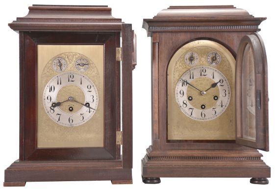 Clocks- 2 (Two): (1) German, 8 day, time, strike and Westminster chime spring brass movement mantel clock. c1910 (2) Junghans, 8 day, time, strike and Westminster chime spring brass movement mantel clock. c1900.