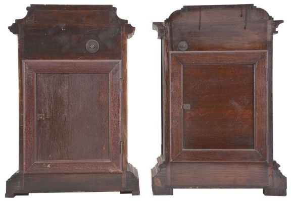 Clocks- 2 (Two): (1) German, 8 day, time, strike and Westminster chime spring brass movement mantel clock. c1910 (2) Junghans, 8 day, time, strike and Westminster chime spring brass movement mantel clock. c1900.