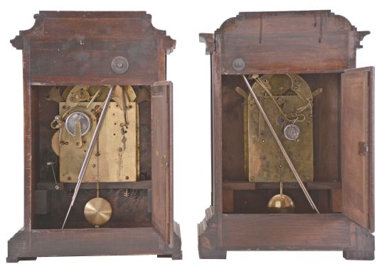 Clocks- 2 (Two): (1) German, 8 day, time, strike and Westminster chime spring brass movement mantel clock. c1910 (2) Junghans, 8 day, time, strike and Westminster chime spring brass movement mantel clock. c1900.