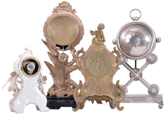 Clocks- 4 (Four): (1) Waterbury Clock Co., Waterbury, Conn., mantel clock, 8 day, time and strike, spring driven movement in a cast metal case featuring a putto holding the clock aloft, cream porcelain dial, 1915; (2) Austria, mantel clock, 2 day, time and strike, spring driven movement in a silver plate-over-copper case with white enamel dial, c1840; (3) Waterbury Clock Co., Waterbury, Conn., novelty clock, 30 hour, time only movement with thread suspension in a cast metal case with painted ceramic panel and topped by putto figure, c1905; (4) Germany, novelty clock, 30 hour, time only, spring driven movement in a porcelain case with putti figures, c1920.