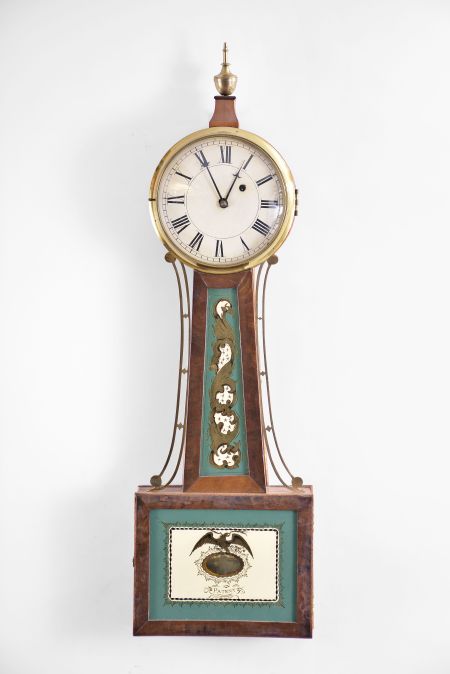 Unknown maker, 8 day, weight brass movement copy of a patent or banjo wall timepiece.