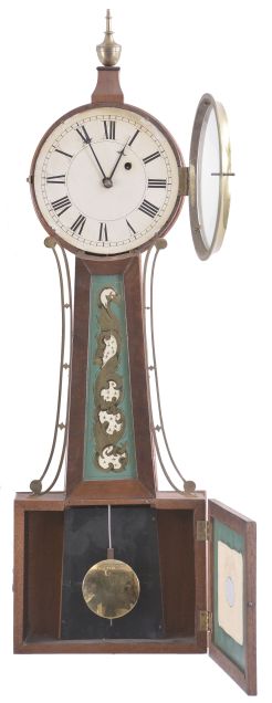 Unknown maker, 8 day, weight brass movement copy of a patent or banjo wall timepiece.