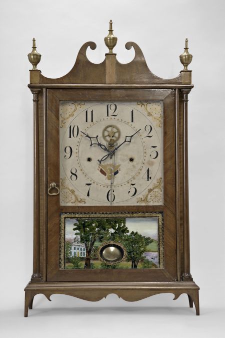 Eli Terry, Plymouth, Conn., 30 hour, time and strike weight wood movement outside escapement pillar & scroll shelf clock.