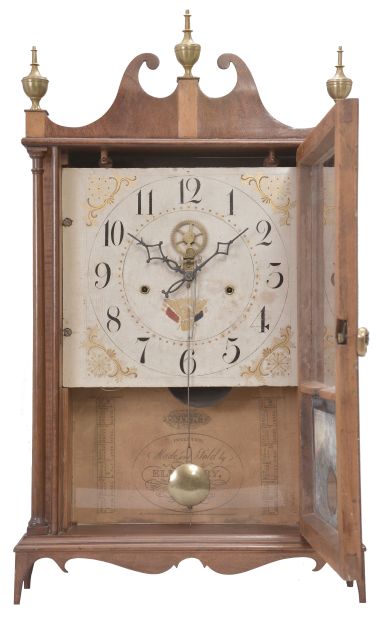 Eli Terry, Plymouth, Conn., 30 hour, time and strike weight wood movement outside escapement pillar & scroll shelf clock.