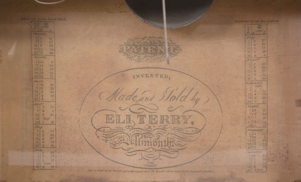 Eli Terry, Plymouth, Conn., 30 hour, time and strike weight wood movement outside escapement pillar & scroll shelf clock.