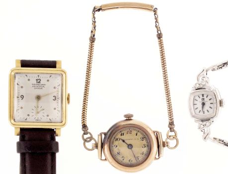 Wrist watches- 3 (Three): the first a Universal Geneve, for Black, Starr, and Gorham, 17 jewel cal. 264 movement, arabic numeral and dot marker metal dial, square, 18 karat yellow gold case, with brown leather strap, the next a lady