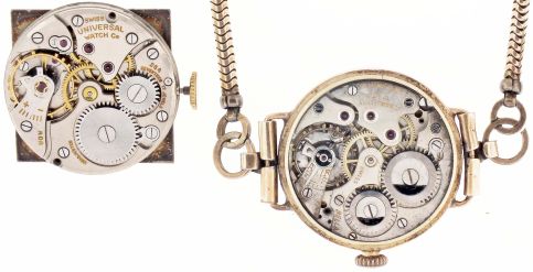 Wrist watches- 3 (Three): the first a Universal Geneve, for Black, Starr, and Gorham, 17 jewel cal. 264 movement, arabic numeral and dot marker metal dial, square, 18 karat yellow gold case, with brown leather strap, the next a lady