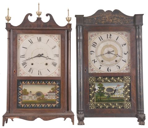 Clocks- 2 (Two): (1) Charles Kirke, Bristol, Conn., 30 hour, time and strike weight wood movement pillar & scroll shelf clock. c1830. (2) M. & E. Blakesley, Plymouth, Conn., 30 hour, time and strike weight wood movement half column & splat shelf clock with carved paw feet. c1830