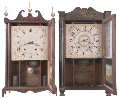 Clocks- 2 (Two): (1) Charles Kirke, Bristol, Conn., 30 hour, time and strike weight wood movement pillar & scroll shelf clock. c1830. (2) M. & E. Blakesley, Plymouth, Conn., 30 hour, time and strike weight wood movement half column & splat shelf clock with carved paw feet. c1830