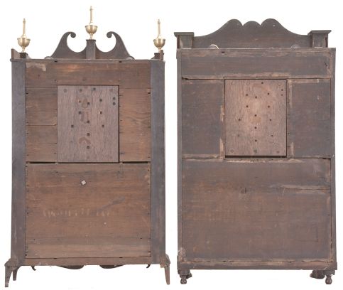 Clocks- 2 (Two): (1) Charles Kirke, Bristol, Conn., 30 hour, time and strike weight wood movement pillar & scroll shelf clock. c1830. (2) M. & E. Blakesley, Plymouth, Conn., 30 hour, time and strike weight wood movement half column & splat shelf clock with carved paw feet. c1830
