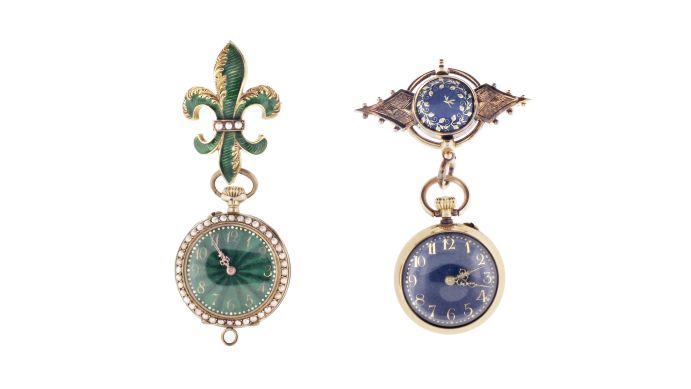 Pocket watches- 2 (Two): both Swiss pendant watches, the first with 14 karat gold, deep blue guilloche enameled case and pin, the back with gold paillon snowflake ornament, the pin with white gold paillon acorn wreath encircling a dragonfly, Arabic numeral blue guilloche enamel dial, gold Louis XV hands, and 10 jewel, pin set cylinder movement, the other with 14 karat gold, green guilloche enamel and pearl set case, the back cover with central diamond, Arabic numeral, green guilloche enamel dial with gold Louis XV style hands, and 10 jewel, pin set cylinder movement, and with matching, green enamel and pearl set pin, 38.3g TW