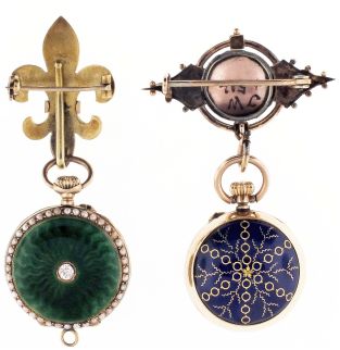 Pocket watches- 2 (Two): both Swiss pendant watches, the first with 14 karat gold, deep blue guilloche enameled case and pin, the back with gold paillon snowflake ornament, the pin with white gold paillon acorn wreath encircling a dragonfly, Arabic numeral blue guilloche enamel dial, gold Louis XV hands, and 10 jewel, pin set cylinder movement, the other with 14 karat gold, green guilloche enamel and pearl set case, the back cover with central diamond, Arabic numeral, green guilloche enamel dial with gold Louis XV style hands, and 10 jewel, pin set cylinder movement, and with matching, green enamel and pearl set pin, 38.3g TW
