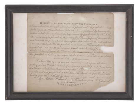 Patent timepiece label printed for Aaron Willard, "Directions For Putting Up The Timepiece", copper plate engraving on paper describing the proper hanging, plumbing, securing, and regulation, followed by a brief explanation of the superiority of Willard