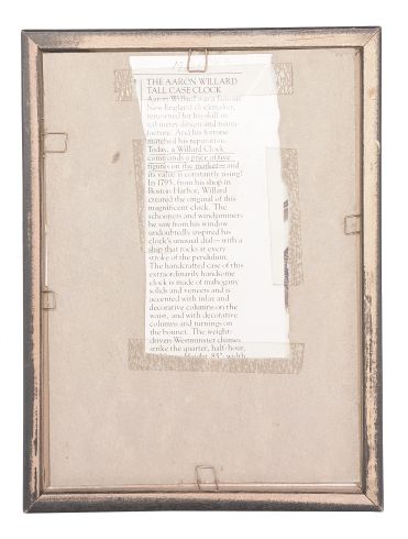 Patent timepiece label printed for Aaron Willard, "Directions For Putting Up The Timepiece", copper plate engraving on paper describing the proper hanging, plumbing, securing, and regulation, followed by a brief explanation of the superiority of Willard