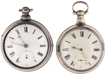 Pocket watches- 2 (Two): the first by Joseph Johnson, Liverpool, pair cased fusee with rack lever escapement, four jewel, gilt, full plate movement with 3 wheel train and 30 tooth escape wheel making one revolution in 15 seconds, roman numeral white enamel dial with subsidiary seconds, sterling silver pair case with Chester hallmark and date letter for the year 1812, 55mm, serial #5015, the other a pair cased verge fusee by Wm. Homerton, London, gilt full plate movement with pierced and engraved balance cock and diamond endstone, Roman numeral white enamel dial with subsidiary seconds, sterling silver pair case with London hallmark and date letter for the year 1815, 59mm, serial #3452