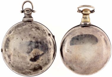 Pocket watches- 2 (Two): the first by Joseph Johnson, Liverpool, pair cased fusee with rack lever escapement, four jewel, gilt, full plate movement with 3 wheel train and 30 tooth escape wheel making one revolution in 15 seconds, roman numeral white enamel dial with subsidiary seconds, sterling silver pair case with Chester hallmark and date letter for the year 1812, 55mm, serial #5015, the other a pair cased verge fusee by Wm. Homerton, London, gilt full plate movement with pierced and engraved balance cock and diamond endstone, Roman numeral white enamel dial with subsidiary seconds, sterling silver pair case with London hallmark and date letter for the year 1815, 59mm, serial #3452