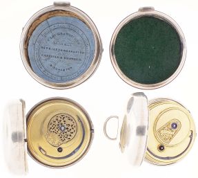 Pocket watches- 2 (Two): the first by Joseph Johnson, Liverpool, pair cased fusee with rack lever escapement, four jewel, gilt, full plate movement with 3 wheel train and 30 tooth escape wheel making one revolution in 15 seconds, roman numeral white enamel dial with subsidiary seconds, sterling silver pair case with Chester hallmark and date letter for the year 1812, 55mm, serial #5015, the other a pair cased verge fusee by Wm. Homerton, London, gilt full plate movement with pierced and engraved balance cock and diamond endstone, Roman numeral white enamel dial with subsidiary seconds, sterling silver pair case with London hallmark and date letter for the year 1815, 59mm, serial #3452