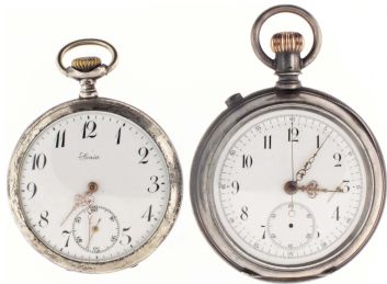 Pocket watches- 2 (Two): both Swiss, the first a split seconds chronograph, 16- 17 jewel damascene nickel movement with cut bimetallic balance, Arabic numeral white enamel dial, engine turned coin silver open face case, 54mm, the other 15 jewel gilt movement, Arabic numeral white enamel dial, and niello case with foliate ornament encircling a lake scene with speedboats, and setting sun in the background, 49mm
