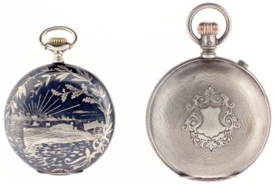 Pocket watches- 2 (Two): both Swiss, the first a split seconds chronograph, 16- 17 jewel damascene nickel movement with cut bimetallic balance, Arabic numeral white enamel dial, engine turned coin silver open face case, 54mm, the other 15 jewel gilt movement, Arabic numeral white enamel dial, and niello case with foliate ornament encircling a lake scene with speedboats, and setting sun in the background, 49mm