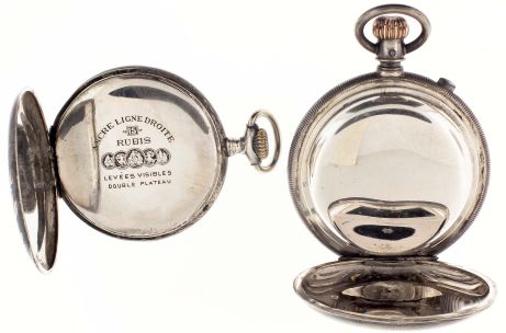 Pocket watches- 2 (Two): both Swiss, the first a split seconds chronograph, 16- 17 jewel damascene nickel movement with cut bimetallic balance, Arabic numeral white enamel dial, engine turned coin silver open face case, 54mm, the other 15 jewel gilt movement, Arabic numeral white enamel dial, and niello case with foliate ornament encircling a lake scene with speedboats, and setting sun in the background, 49mm