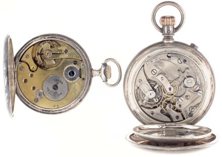 Pocket watches- 2 (Two): both Swiss, the first a split seconds chronograph, 16- 17 jewel damascene nickel movement with cut bimetallic balance, Arabic numeral white enamel dial, engine turned coin silver open face case, 54mm, the other 15 jewel gilt movement, Arabic numeral white enamel dial, and niello case with foliate ornament encircling a lake scene with speedboats, and setting sun in the background, 49mm