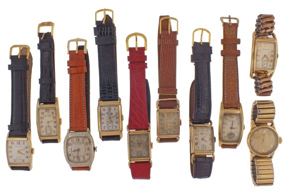 Wrist watches- 10 (Ten), Hamilton and Illinois, 17- 18 jewel movements, all with Arabic numeral silvered metal dials, and all in gold filled cases