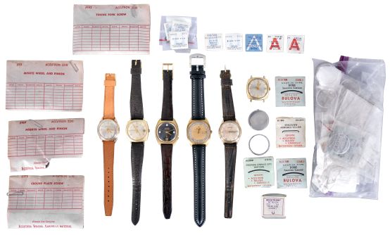 Wrist watches and parts, all Bulova Accutron, two cal. 214 and four 218 series, four with date function, various style metal dials, and gold filled cases, together with 36 Accutron Spaceview crystals, 6 genuine, luminous Bulova, the others after market replacements, and a small quantity of genuine Accutron material