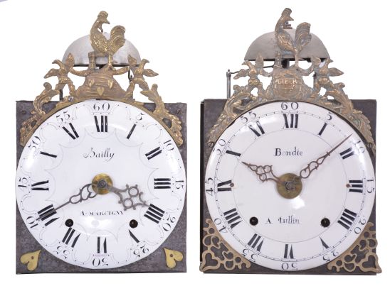 Clocks- 2 (Two) Comtoise wall clocks: (1) France, bronze-front Comtoise wall clock, 8 day, time and strike, weight driven movement with verge escapement, thread suspension with rear-hanging pendulum in an iron post and plate frame, early enamel dial with concave center and convex chapter, Roman numerals for the hours, large Arabic numerals at 5 minute intervals, signed "Bailly a Marcigny", cast bronze fronton with backward facing Gallic rooster above a medallion with three hearts which replace the royal fleur de lis found in the same location on earlier clocks, two applied heart shaped spandrels below the dial, and iron hands, late 18th Century. (2) France, bronze-front Comtoise wall clock, 8 day, time and strike, weight driven movement with alarm, verge escapement, thread suspension with rear-hanging pendulum in an iron post and plate frame, early glazed tin glazed earthenware dial with concave center and convex chapter, Roman numerals for the hours, large Arabic numerals at 5 minute intervals, signed "Bondie a Tullin", cast bronze fronton with backward facing Gallic rooster above a medallion with the word "Liberté", two applied spandrels, end of 18th Century.