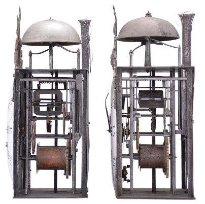 Clocks- 2 (Two) Comtoise wall clocks: (1) France, bronze-front Comtoise wall clock, 8 day, time and strike, weight driven movement with verge escapement, thread suspension with rear-hanging pendulum in an iron post and plate frame, early enamel dial with concave center and convex chapter, Roman numerals for the hours, large Arabic numerals at 5 minute intervals, signed "Bailly a Marcigny", cast bronze fronton with backward facing Gallic rooster above a medallion with three hearts which replace the royal fleur de lis found in the same location on earlier clocks, two applied heart shaped spandrels below the dial, and iron hands, late 18th Century. (2) France, bronze-front Comtoise wall clock, 8 day, time and strike, weight driven movement with alarm, verge escapement, thread suspension with rear-hanging pendulum in an iron post and plate frame, early glazed tin glazed earthenware dial with concave center and convex chapter, Roman numerals for the hours, large Arabic numerals at 5 minute intervals, signed "Bondie a Tullin", cast bronze fronton with backward facing Gallic rooster above a medallion with the word "Liberté", two applied spandrels, end of 18th Century.