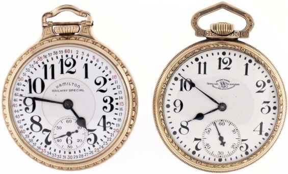 Pocket watches- 2 (Two): the first a Ball/ Waltham "Official RR Standard", 21 jewel nickel movement, arabic numeral white enamel dial, gold filled open face case, serial #B259869, the other a Hamilton "992B", 21 jewel nickel movement, Montgomery arabic numeral white enamel dial, gold filled open face bar over crown case, serial #C3310