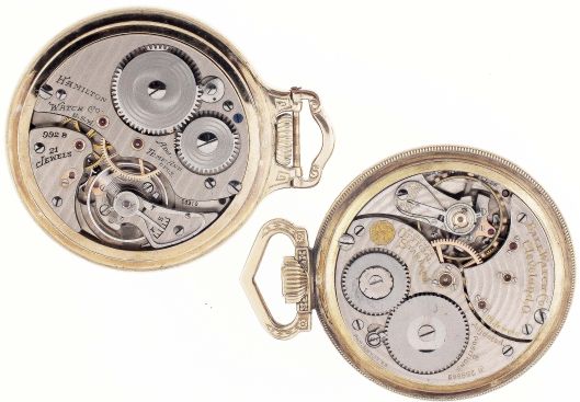 Pocket watches- 2 (Two): the first a Ball/ Waltham "Official RR Standard", 21 jewel nickel movement, arabic numeral white enamel dial, gold filled open face case, serial #B259869, the other a Hamilton "992B", 21 jewel nickel movement, Montgomery arabic numeral white enamel dial, gold filled open face bar over crown case, serial #C3310