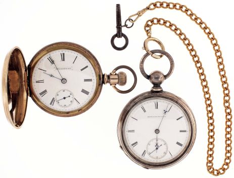 Pocket watches- 2 (Two): both 18 size, the first a Waltham model 1870 "Crescent Street", 15 jewel, key wound gilt movement, roman numeral white enamel dial, 3 oz. coin silver open face case, serial #626198, the other by the Fredonia Watch Co., 15 jewel gilt movement, roman numeral white enamel dial, gold filled hunting case, serial #8275