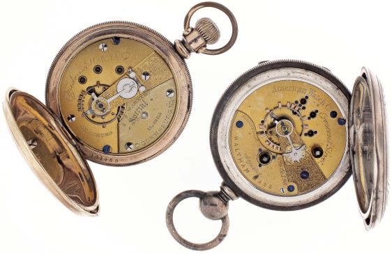 Pocket watches- 2 (Two): both 18 size, the first a Waltham model 1870 "Crescent Street", 15 jewel, key wound gilt movement, roman numeral white enamel dial, 3 oz. coin silver open face case, serial #626198, the other by the Fredonia Watch Co., 15 jewel gilt movement, roman numeral white enamel dial, gold filled hunting case, serial #8275