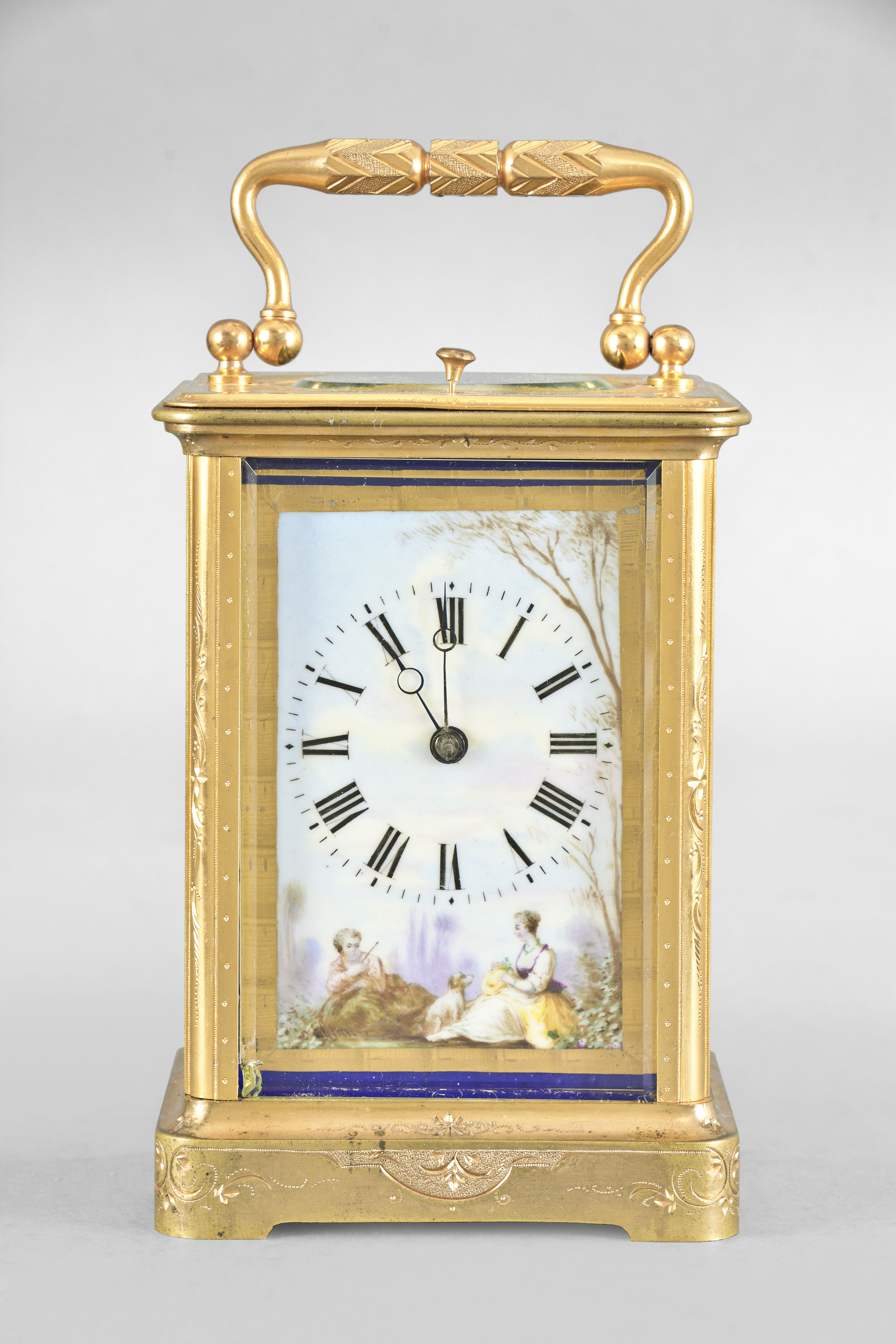 Margaine carriage clock with polychrome porcelain panels