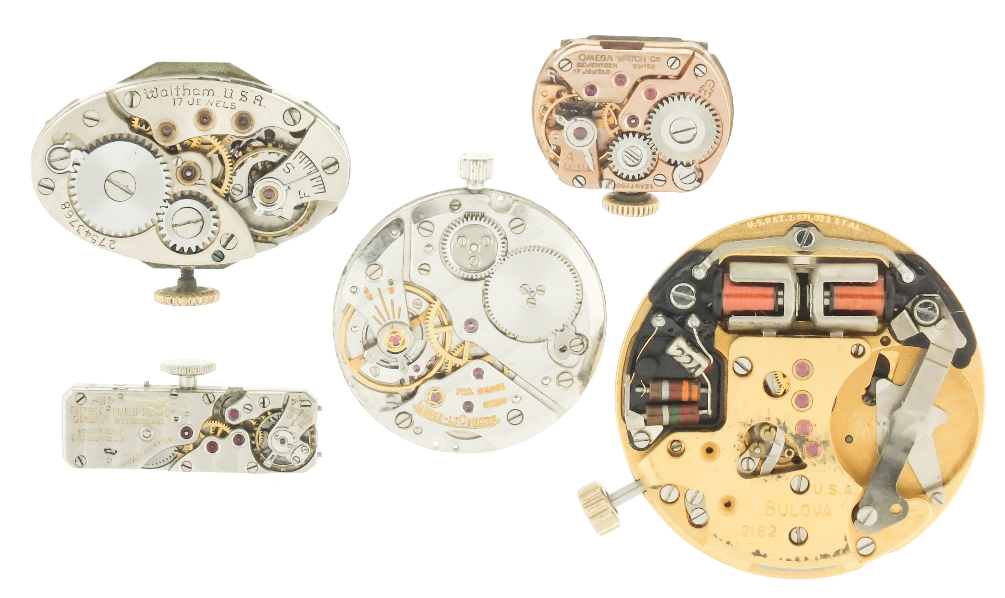 Patek Philippe, Jaeger LeCoultre, Accutron and Omega wrist watch movements